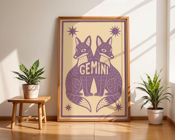 Gemini Zodiac Wall Art, Twin Fox Horoscope Print, Purple Celestial Linocut Poster, Astrology Birthday Gift, Boho Gemini Sign Home Decor