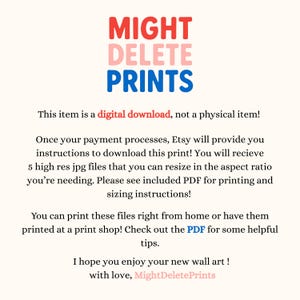 Puede incluir: Una impresi&oacute;n de descarga digital con el texto "MIGHT DELETE PRINTS" en rojo, rosa y azul. La imagen incluye instrucciones para descargar e imprimir los archivos digitales para arte mural.
