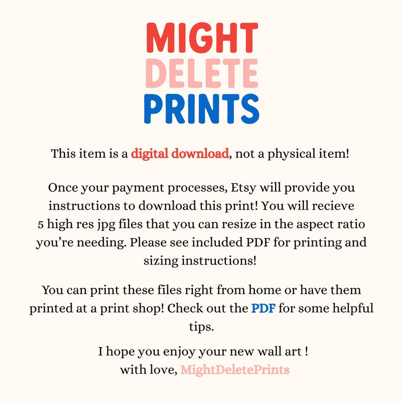 Puede incluir: Una impresi&oacute;n de descarga digital con el texto "MIGHT DELETE PRINTS" en rojo, rosa y azul. La imagen incluye instrucciones para descargar e imprimir los archivos digitales para arte mural.
