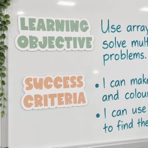 Puede incluir: Una pizarra blanca magnética con dos etiquetas troqueladas de bordes redondeados. La etiqueta superior es de color verde salvia con el texto LEARNING OBJECTIVE, y la inferior es de color melocotón con el texto SUCCESS CRITERIA, en negrita.