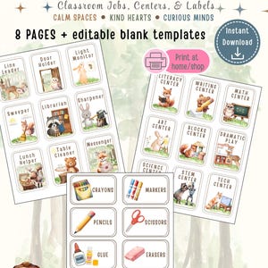 Pode incluir: Um conjunto de download digital de etiquetas para sala de aula Woodland Studio, incluindo 8 páginas de cartões imprimíveis. Os cartões exibem ilustrações em aquarela de animais da floresta e material escolar com etiquetas de texto.