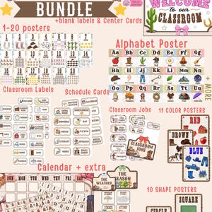 May include: A Western classroom decor bundle featuring a welcome sign, 1-20 number posters, an alphabet poster, classroom labels, schedule cards, classroom jobs, 11 color posters, 10 shape posters, a calendar, and weather and season cards.