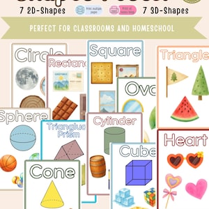 May include: A digital educational poster titled Shapes Poster featuring 7 2D-Shapes and 7 3D-Shapes. The layout includes illustrations of a circle, square, triangle, heart, sphere, triangular prism, cylinder, cube, and cone with related objects.