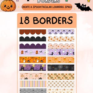 Può includere: Una collezione digitale di 18 bordi per bacheche a tema Halloween con vari motivi tra cui zucche, fantasmi, pipistrelli, ragni, caramelle e case infestate. Il testo recita PREK-5TH GRADE, HALLOWEEN BORDERS e CREATE A SPOOKTACULAR LEARNING SPACE.