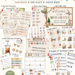 May include: A woodland-themed classroom decor bundle featuring posters, a welcome sign, calendar, birthday chart, hand signals, class job cards, schedule cards, and labels. The set includes illustrations of forest animals and nature elements.