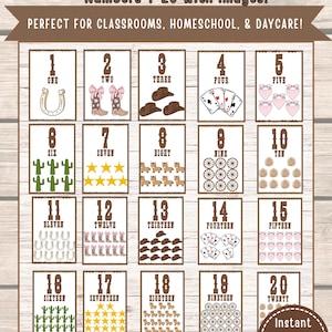 May include: A set of educational number posters for numbers 1-20, featuring western-themed illustrations like horseshoes, cowboy boots, hats, playing cards, bandanas, cacti, stars, horses, and wagon wheels, with the text NUMBER POSTERS Numbers 1-20 with images!