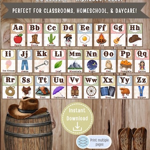 May include: An alphabet poster featuring 26 letters from A to Z, each paired with a corresponding illustration and word. The design includes a brown wooden barrel, a brown cowboy hat, and brown leather cowboy boots on a wood grain background.