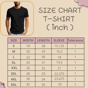 May include: A size chart for a t-shirt with measurements in inches. The chart lists sizes from S to 5XL with corresponding width, length, sleeve, and tolerance values. A small inset shows a plain black t-shirt worn by a person.