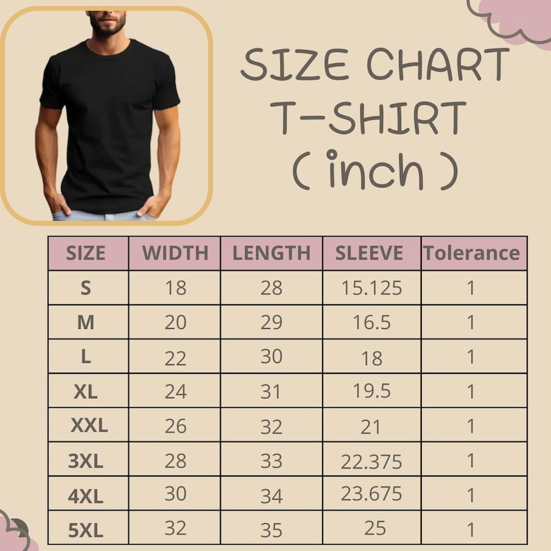 May include: A size chart for a t-shirt with measurements in inches. The chart lists sizes from S to 5XL with corresponding width, length, sleeve, and tolerance values. A small inset shows a plain black t-shirt worn by a person.