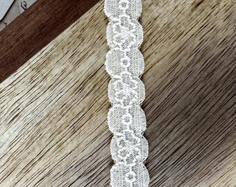 May include: A delicate, off-white lace ribbon with a scalloped edge. The ribbon is approximately 0.75 inches wide and features a repeating floral pattern. It is displayed against a wooden background.