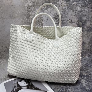 Handgewebte PU-Leder-Einkaufstasche, Große Vegan-Handtasche, Boho Chic Arbeitstasche, umweltfreundliche Schultertasche
