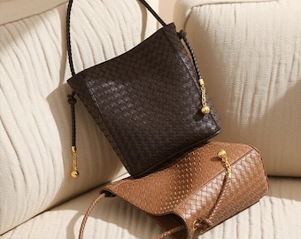 Hand Woven Genuine Leather Bucket Bag: Bohemian Shoulder Bag