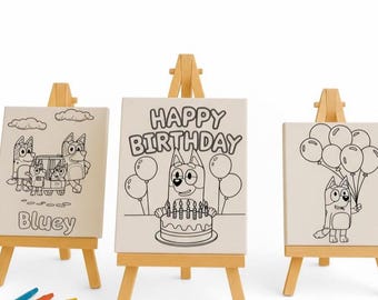 Bluey Coloring Canvas with Easel & Markers – Kids Birthday Activity