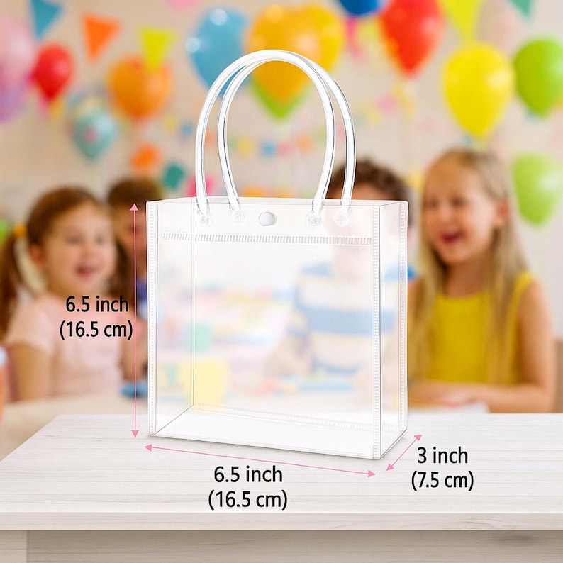 May include: A clear, rectangular tote bag with white handles, perfect for party favors. The bag is 6.5 inches (16.5 cm) wide, 6.5 inches (16.5 cm) tall, and 3 inches (7.5 cm) deep. The background features blurred children and colorful balloons.