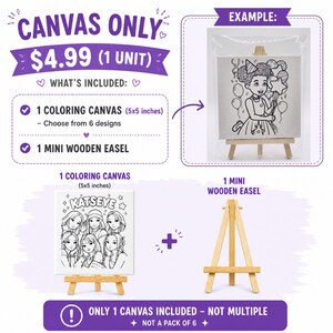May include: A coloring canvas set includes a 5x5 inch canvas and a mini wooden easel. The canvas features a black and white illustration of a group of girls with the text "KATSEYE". An example shows a canvas with a girl holding balloons.