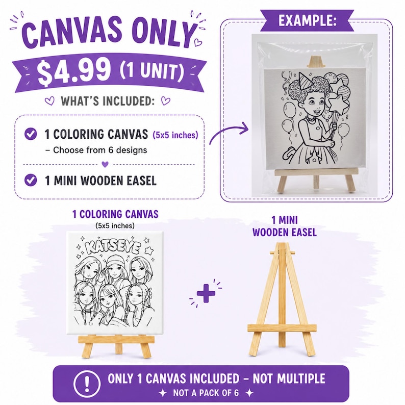 May include: A coloring canvas set includes a 5x5 inch canvas and a mini wooden easel. The canvas features a black and white illustration of a group of girls with the text "KATSEYE". An example shows a canvas with a girl holding balloons.