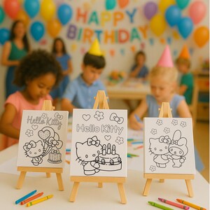 May include: Three small wooden easels each hold a white canvas with a Hello Kitty outline drawing. The drawings are of Hello Kitty with balloons, a cake, and My Melody. Crayons in blue, yellow, green, pink, and orange are in front of the easels. A birthday party is in the background.
