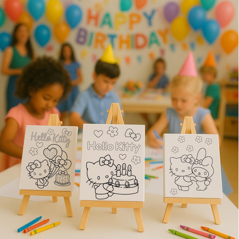 May include: Three small wooden easels each hold a white canvas with a Hello Kitty outline drawing. The drawings are of Hello Kitty with balloons, a cake, and My Melody. Crayons in blue, yellow, green, pink, and orange are in front of the easels. A birthday party is in the background.