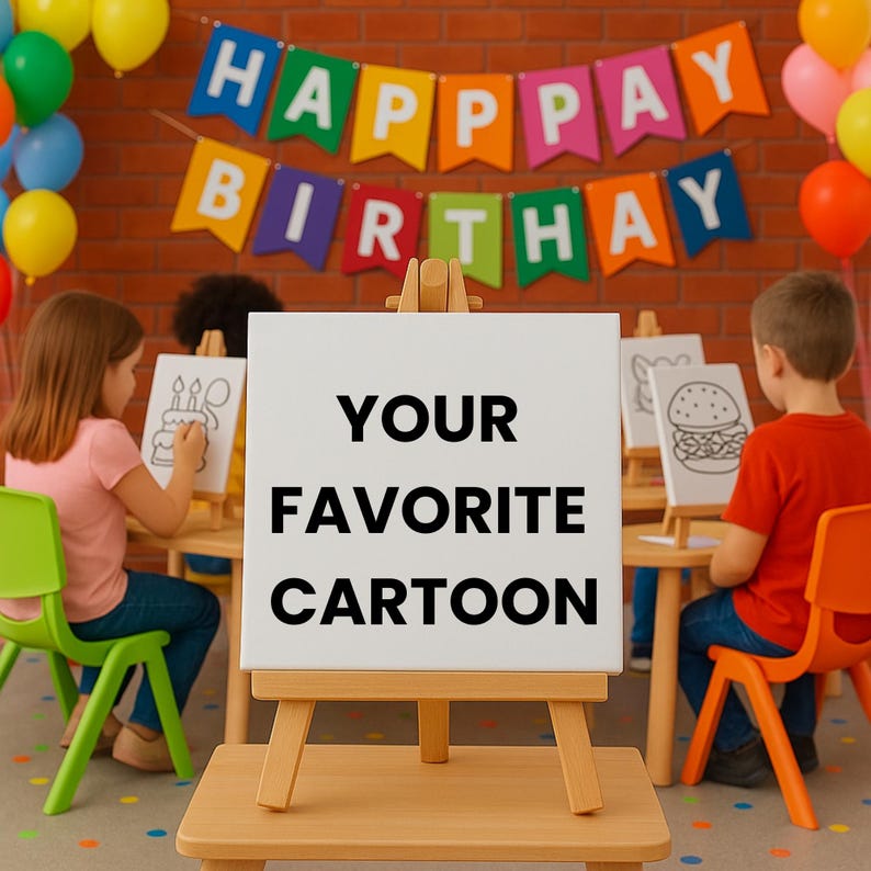 May include: A white sign on a wooden easel displays the text "YOUR FAVORITE CARTOON" in black. Children are drawing at easels, with a "HAPPY BIRTHDAY" banner and balloons in the background.
