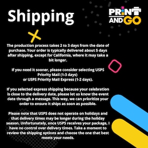 May include: A black informational graphic with the white text Shipping and the logo Print and Go in white and yellow. The design features a yellow X, a pink square outline, and blue and yellow rounded bars on a black background with confetti.