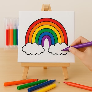 May include: A colorful rainbow drawing on a white canvas, displayed on a small wooden easel. A hand is using a purple marker to color the clouds. Several markers in various colors are scattered around the easel, and a set of markers is in the background.