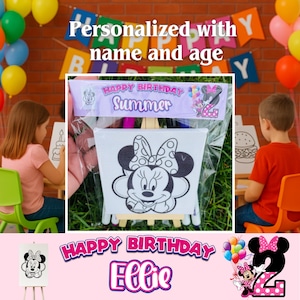 May include: A Minnie Mouse-themed birthday art kit with a canvas, paint, and easel. The kit is personalized with the name "Summer" and the age "2". The image also includes a banner that says "Happy Birthday".