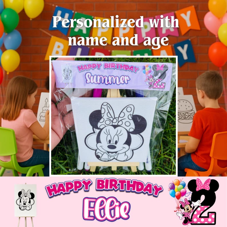 May include: A Minnie Mouse-themed birthday art kit with a canvas, paint, and easel. The kit is personalized with the name "Summer" and the age "2". The image also includes a banner that says "Happy Birthday".