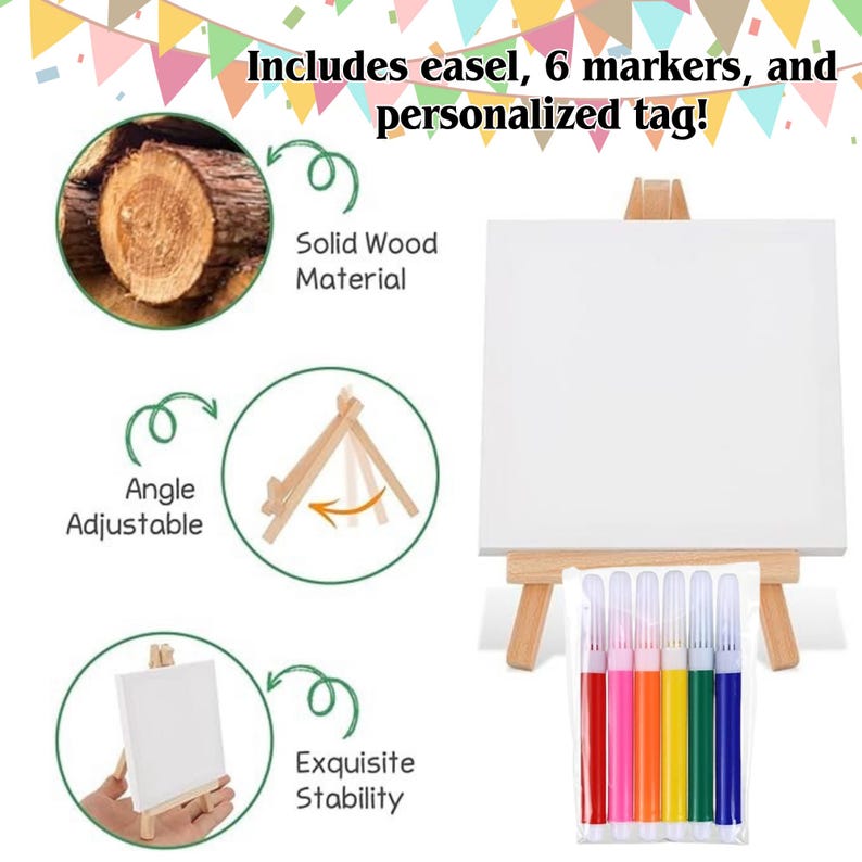 May include: A small wooden easel with a white canvas, six colorful markers, and a personalized tag. The easel is angle adjustable and made of solid wood. The image includes the text: Includes easel, 6 markers, and personalized tag!