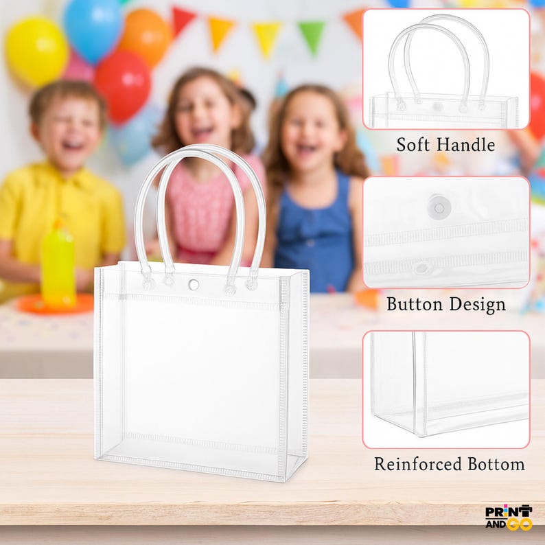 May include: Clear plastic tote bag with soft handles, button design, and reinforced bottom. The bag is transparent and has a rectangular shape. The background features children and party decorations.