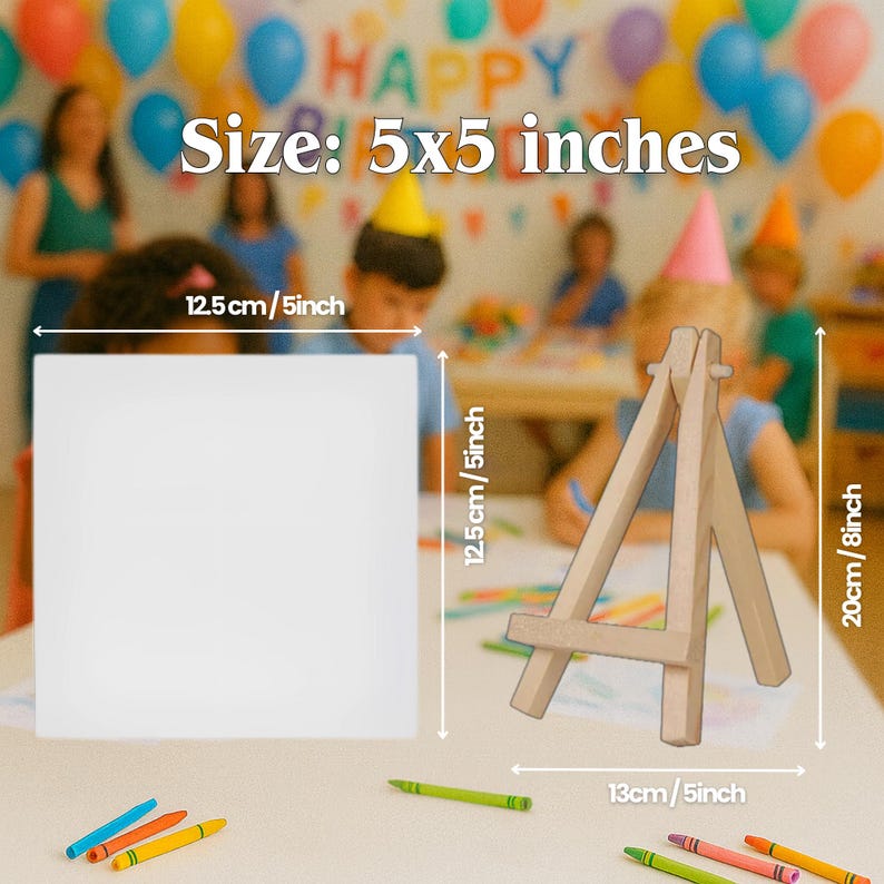 May include: A white 5x5 inch canvas and a small wooden easel, perfect for art projects. The easel is 8 inches tall and 5 inches wide. Crayons in various colors are scattered on the table. The background features a birthday party setting.