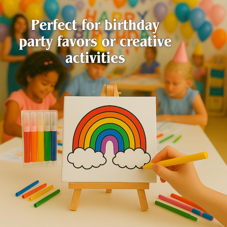 May include: A colorful rainbow drawing on a small canvas, displayed on a wooden easel. The rainbow features vibrant bands of red, orange, yellow, green, blue, and purple. The image includes a set of colorful markers and the text "Perfect for birthday party favors or creative activities."