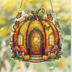 Pumpkin House Holographic Window Hanging with Butterflies and Mushrooms – Cozy Autumn Fairy Cottage Suncatcher Home Decor