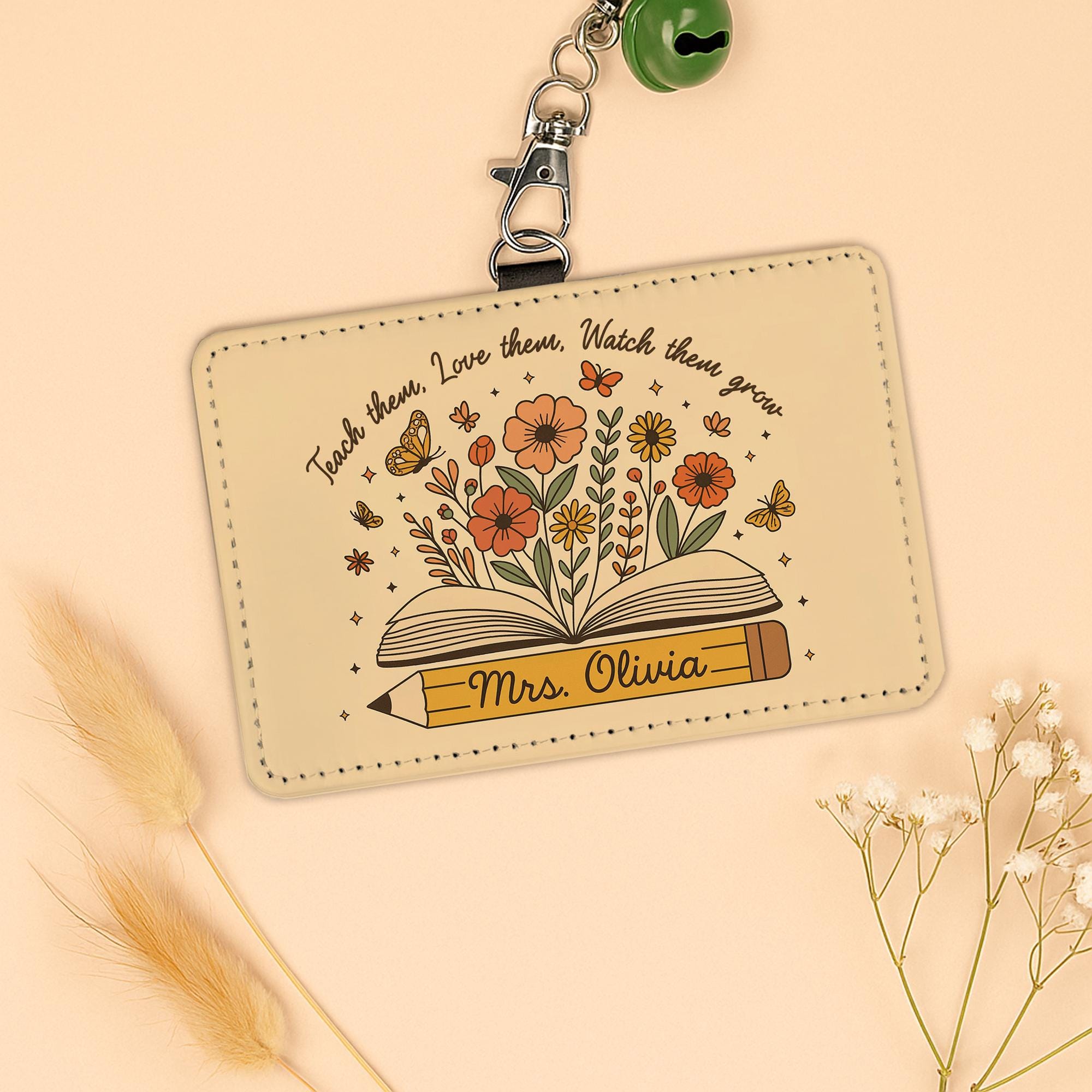 Floral Teacher ID Holder, Teacher Name Badge, Teach Love Grow Design, Personalized Lanyard Card Case, Cute Teacher Gift