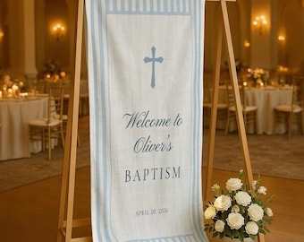 Personalized Baptism Tapestry: Custom Blue Striped Linen Welcome Sign Event Banner