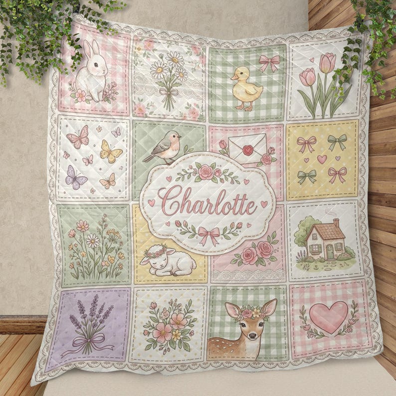 May include: A quilted blanket featuring a grid of pastel-coloured squares with illustrations of a rabbit, duck, bird, lamb, deer, flowers, butterflies, a house, and hearts. The centre oval patch displays the name Charlotte in pink script.