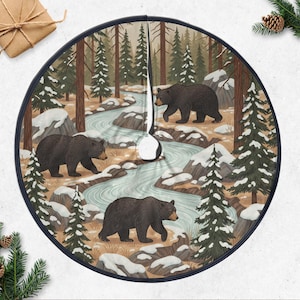 Bär Woodland Stream Weihnachtsbaumrock - Kiefer & Schnee Akzent Runde Baum Basisabdeckung