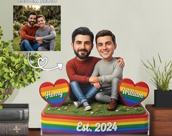 Bloque acrílico de pareja gay con cara personalizada: decoración arcoíris LGBTQ personalizada, regalo de aniversario