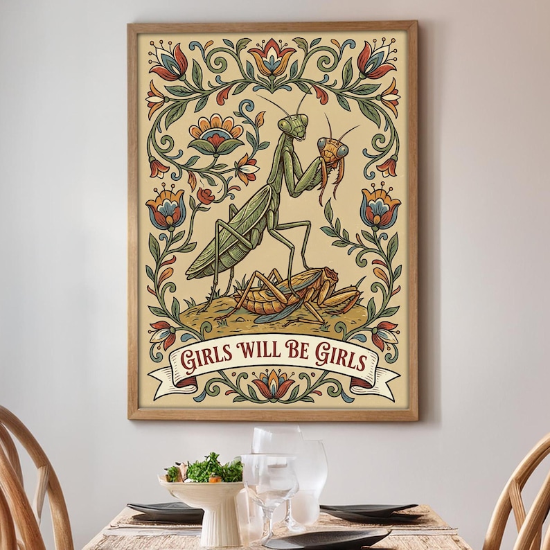 Funny Praying Mantis Poster: Girls Will Be Girls Vintage Floral Art Print image 2