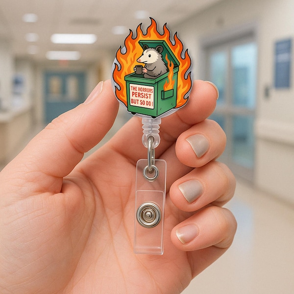 Funny Possum Badge Reel: Sarcastic Dumpster Fire ID Clip