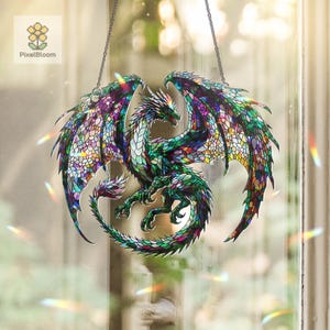 Fantasy Dragon Faux Stained Glass Window Hanging – Colorful Gothic Suncatcher, Mythical Creature Home Decor, Gift for Dragon Lovers