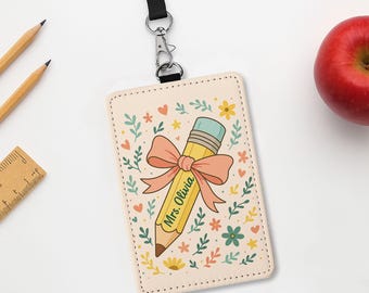 Personalized Teacher ID Holder, Teacher Name Tag Badge Cover, Floral Pencil Lanyard Card Holder, Cute Teacher Gift