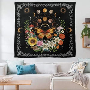 Boho Butterfly and Moon Phase Wall Tapestry, Celestial Floral Mushroom Hanging, Sunflower and Starry Night Room Decor