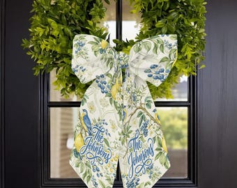 Personalized Spring Door Sash: Custom Family Name Lemon Botanical Fabric Wreath Bow