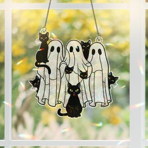 Acrylic Ghost and Black Cat Decor, Halloween Window Hanging, Cute Spooky Ghost Cat Suncatcher, Fall Gothic Acrylic Ornament
