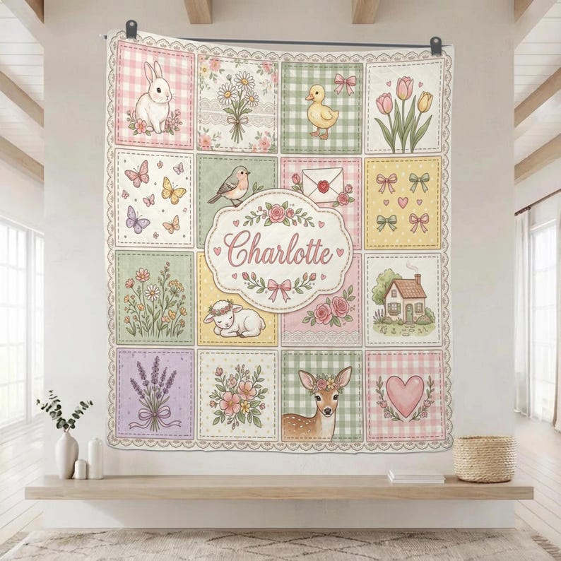 May include: A rectangular wall tapestry featuring a patchwork design with pastel-coloured squares. The centre oval displays the name Charlotte in pink script. Illustrations include a rabbit, duckling, lamb, deer, flowers, butterflies, and a house.