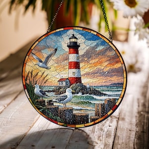 Lighthouse Glass Suncatcher – Coastal Stained Glass Window Decor with Seagulls, Nautical Ocean Sun Catcher, Beach House Gift Idea