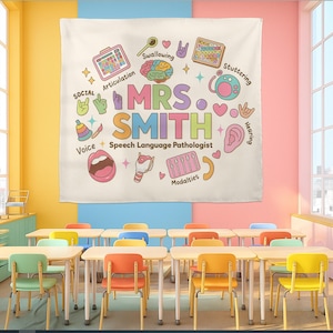 May include: A classroom scene featuring a wall hanging with the name "MRS. SMITH" in colorful letters, surrounded by speech therapy-related illustrations. The text "Speech Language Pathologist" is also present. The room has rows of desks and colorful chairs.