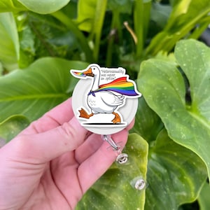 LGBTQ Goose Badge Reel – Funny Pride ID Clip with Rainbow Cape – Heterosexuality Was Never an Option – Queer Nurse Gift