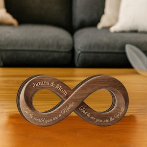 Puede incluir: Un símbolo de infinito de madera con las palabras "James & Mom" y "To the world you are a Mother But to me you are the World" grabadas. El símbolo es marrón y está sobre una superficie de madera.