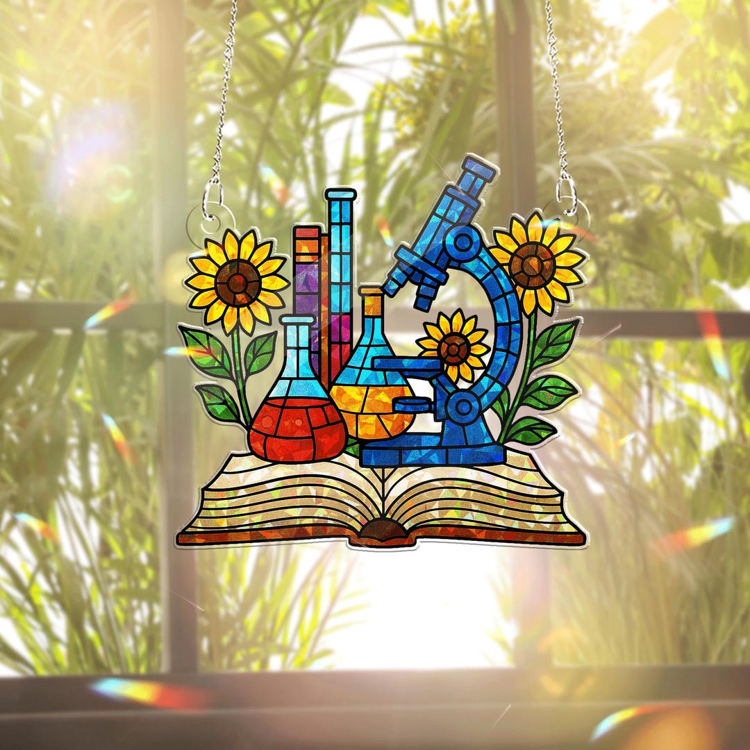 Science Teacher Gift Acrylic Window Hanging - Colorful Microscope and ...